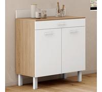 IDMARKET Buffet bas de cuisine 80 cm CINA plan de travail H.83 cm 2 portes + tiroir façon hêtre et blanc