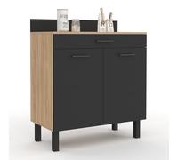 IDMarket - Buffet Bas de Cuisine 80 cm CINA façon hêtre et Noir | Plan de travail H.83 cm, 2 portes + tiroir