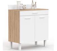 IDMARKET Buffet bas de cuisine 80 cm CINA plan de travail H.83 cm 2 portes + tiroir façon hêtre et blanc
