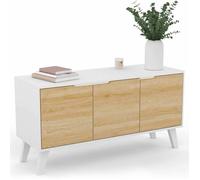 IDMarket Buffet Bas FINN 113 cm 3 Portes Blanc et Façon Hêtre Salon et Salle à manger