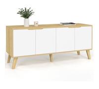 IDMarket Buffet Bas Scandinave 140 cm FINN 4 Portes Blanc et Bois Façon Hêtre, 3 Placards, Meuble de Rangement