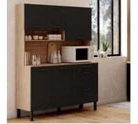 IDMARKET Buffet casserolier de cuisine 140 cm CINA 5 portes + 3 tiroirs façon hêtre et noir