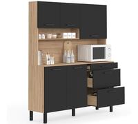 IDMarket - Buffet casserolier de Cuisine 140 cm CINA 5 Portes + 3 tiroirs façon hêtre et Noir