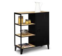 IDMarket Buffet d'appoint Ester – 3 étagères et placard, métal noir, plateau bois 70 cm