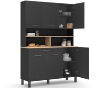 IDMarket - Buffet de Cuisine 120 cm CINA 6 Portes + tiroir Noir et Plateaux façon hêtre