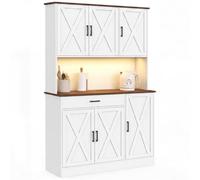 IDMarket - Buffet de cuisine 120 cm LED et multiprises | LOUISE 6 portes + 1 tiroir avec LED et multiprises blanc et bois effet noyer