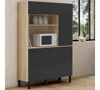 IDMarket - Buffet de Cuisine avec Colonne de Rangement 120 CM CINA 6 Portes + tiroir façon hêtre et Noir
