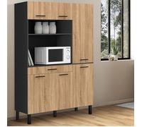IDMarket - Buffet de cuisine avec colonne de rangement 120 CM CINA 6 portes + tiroir noir et façon hêtre