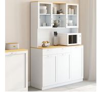 IDMARKET Buffet de cuisine vitré 120 cm VITO 5 portes + 1 tiroir blanc et plateau façon hêtre