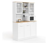 IDMARKET Buffet de cuisine vitré 120 cm VITO 5 portes + 1 tiroir blanc et plateau façon hêtre