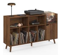 IDMarket - Buffet de rangement vinyles 130 cm SIENNA vintage effet noyer | Meuble d'appoint, avec étagères, supports vinyles, platine et placard