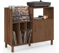 IDMarket - Buffet de rangement vinyles 90 cm JULIETTE effet lattes noyer | Meuble d'appoint, avec étagères, supports vinyles, platine et placard lattes tasseau bois effet noyer