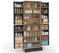IDMarket - Buffet haut armoire de cuisine H.160 cm ALTO façon hêtre et noir | Avec rangements et 4 portes