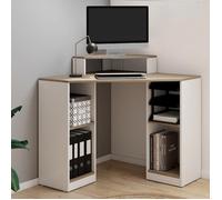 IDMARKET Bureau d'angle HARRY blanc et façon hêtre gain de place bureau informatique avec rangements