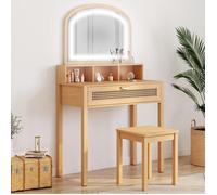 IDMARKET Coiffeuse EDHEN avec miroir LED, 1 tiroir, 3 niches et tabouret effet cannage naturel et bois
