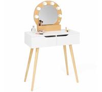 IDMarket Coiffeuse scandinave HORIA 2 tiroirs bois et blanc avec miroir LED
