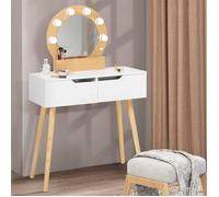 IDMARKET Coiffeuse scandinave 2 tiroirs HORIA bois et blanc avec miroir LED