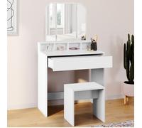 Coiffeuse zelia 3 miroirs avec 4 niches, 1 tiroir et tabouret Blanc