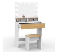 IDMarket Coiffeuse ZELIA blanc et hêtre – miroir LED, 4 niches, 1 tiroir et tabouret