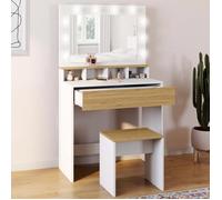 IDMARKET Coiffeuse ZELIA blanc et hêtre miroir LED avec 4 niches, 1 tiroir et tabouret