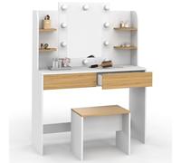 IDMarket - Coiffeuse ZELIA - Blanc et hêtre, 4 étagères, miroir LED et tabouret