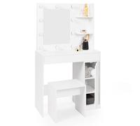 IDMarket - Coiffeuse Zelia Blanche Miroir LED | Avec 1 tiroir, étagères, caisson de rangement et tabouret
