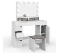 Coiffeuse ZELIA blanche miroir LED avec 4 niches, 5 tiroirs, 1 caisson de rangement et tabouret rembourré