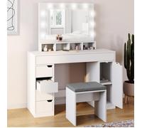 Coiffeuse ZELIA blanche miroir LED avec 4 niches, 5 tiroirs, 1 caisson de rangement et tabouret rembourré