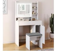IDMARKET Coiffeuse ZELIA blanche miroir LED avec rangement, 1 tiroir, 1 caisson de rangement et tabouret rembourré
