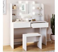 IDMarket Coiffeuse Zelia blanche – table de maquillage 4 étagères, miroir LED et tabouret