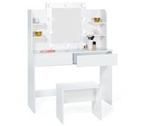 IDMarket - Coiffeuse Zelia Blanche Table de Maquillage 4 étagères, Miroir LED et Tabouret