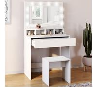 IDMarket - Coiffeuse Zelia Miroir LED avec 4 niches, 1 tiroir et Tabouret