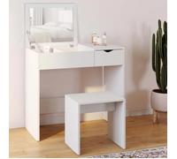 Coiffeuse zelia miroir rabattable avec 1 tiroir et 1 tabouret Blanc