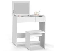 IDMarket Coiffeuse ZELIA avec miroir rabattable, 1 tiroir et 1 tabouret Blanc