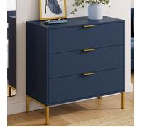 Commode 3 tiroirs BLENIA 80 cm bleu nuit et finitions dorées