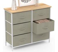 IDMarket - Commode 6 tiroirs en Tissu Alta 80 cm Gris Clair et Plateau Effet Bois Design Industriel
