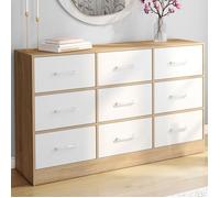 IDMarket - Commode 9 tiroirs en Tissu UPPAH 113 cm Meuble de Rangement Bois façon hêtre et Blanc