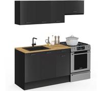 IDMarket - Cuisine complète Subtil 180 cm - 5 éléments, plan de travail noir et plateaux bois