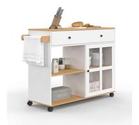 IDMarket - Desserte de Cuisine Achille XXL Blanc et Bois | Avec étagère et placard vitré, l.100 cm