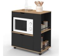 IDMarket - Desserte de cuisine COSI micro ondes noir et bois | Avec placard, tioir et étagères à épices, l.76 cm