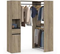IDMarket - Dressing d'angle modulable MELMAN triple penderie bois et noir | Dressing réglable droit ou en angle, L. 145 / 203 cm, 2 placards, 5 étagères, 1 tiroir, 1 rangement chaussures