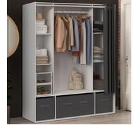 IDMARKET Dressing double penderie DIANE 140 x 45 x 167 cm blanc avec étagères + boites de rangement + rideau gris