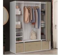 IDMARKET Dressing double penderie DIANE 140 x 45 x 167 cm blanc avec étagères + boites de rangement + rideau taupe