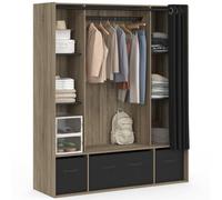 IDMarket - Dressing Double penderie Diane 140 x 45 x 167 cm hêtre et Noir | Avec étagères + 3 boites de rangement en tissu noir + rideau noir