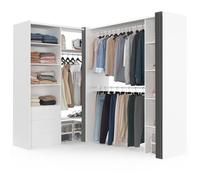 IDMarket - Dressing Extensible Angle Marlon 200 x 150 x 180 cm Blanc | Avec 3 penderies + 8 étagères + 3 tiroirs + 2 rideaux gris