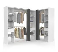 IDMarket - Dressing extensible angle MARLON 230 x 140 x 180 cm blanc | Avec 4 penderies + 12 étagères + 3 tiroirs + 2 rideaux gris
