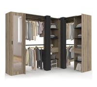 IDMarket - Dressing extensible angle MARLON 230 x 140 x 180 cm hêtre | Avec 4 penderies + 13 étagères + 1 porte avec miroir + 2 tiroirs + 2 rideaux noirs