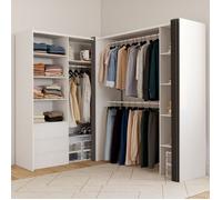 IDMARKET Dressing extensible d'angle MARLON 200 x 150 x 180 cm cm blanc avec penderies + tiroirs + étagères + rideaux gris