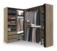 IDMarket - Dressing extensible d'angle MARLON 200 x 150 x 180 cm hêtre avec penderies + tiroirs + étagères + rideaux noirs