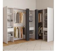 IDMARKET Dressing extensible d'angle MARLON 230 x 140 x 180 cm blanc avec penderies + étagères + rideaux gris